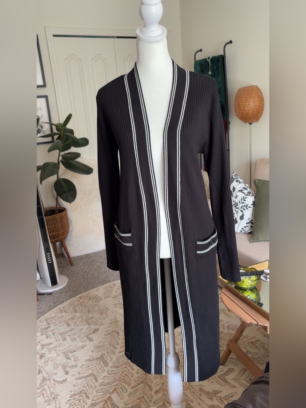 Truth Black Long Open-Front Cardigan with White Stripe Trim - Picture 2 of 4